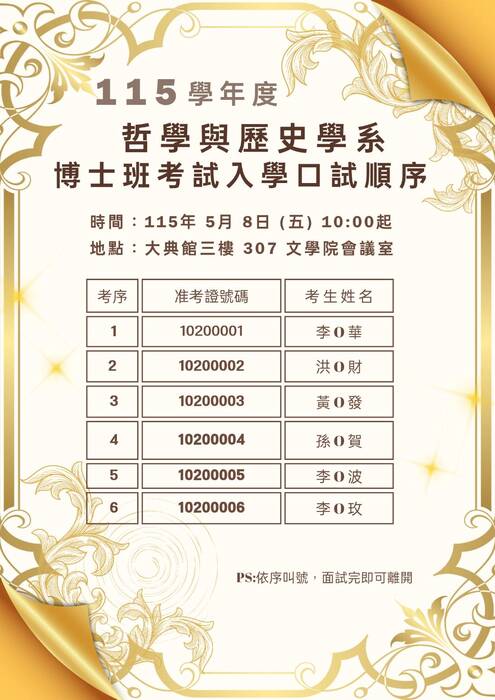 115學年度 哲學與歷史學系博士班考試入學口試順序圖片