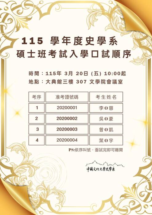 115學年度史學系碩士班考試入學口試順序圖片
